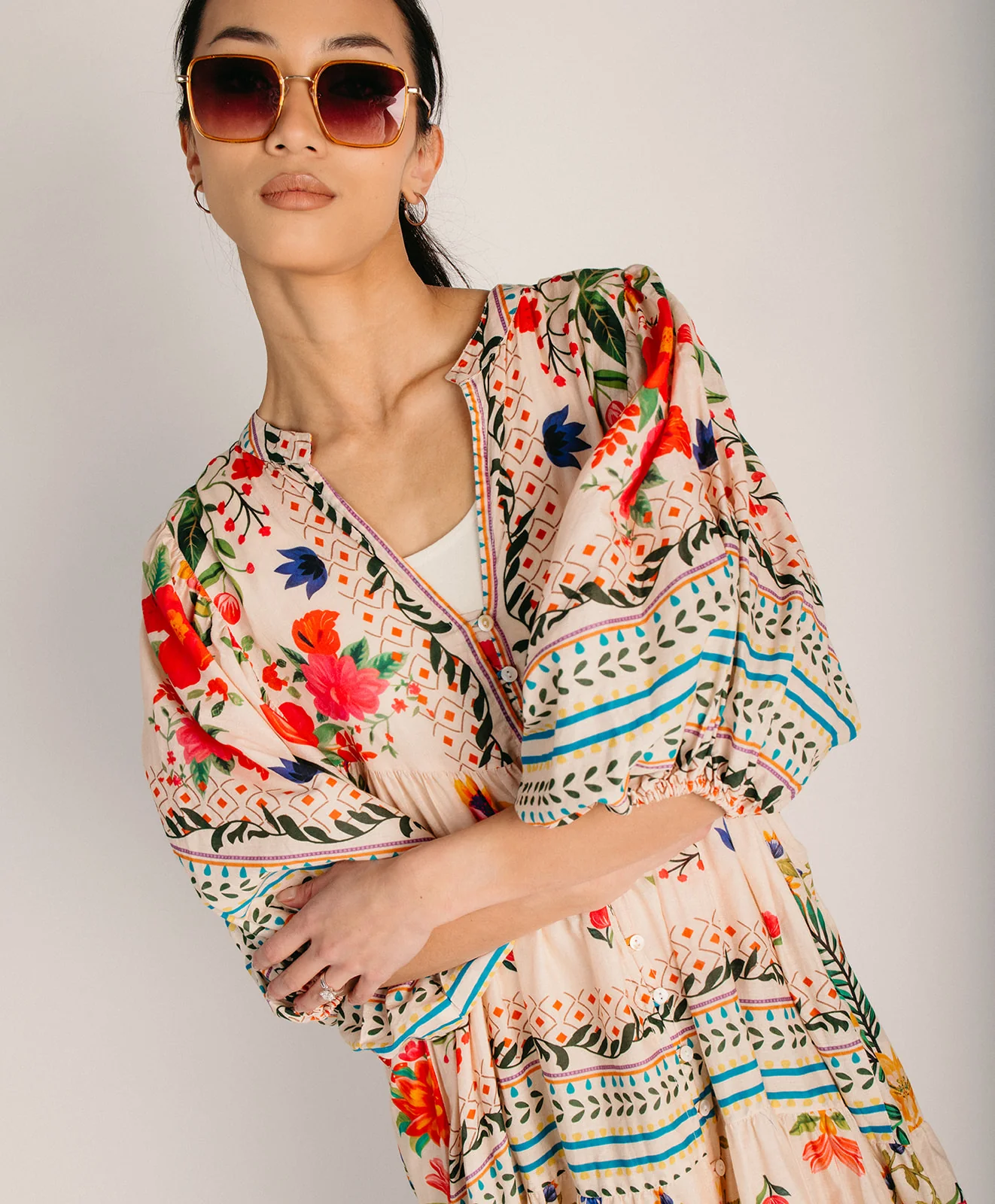 The Sorano Floral Button-Up Maxi Dress in Natural Multi - Image 10