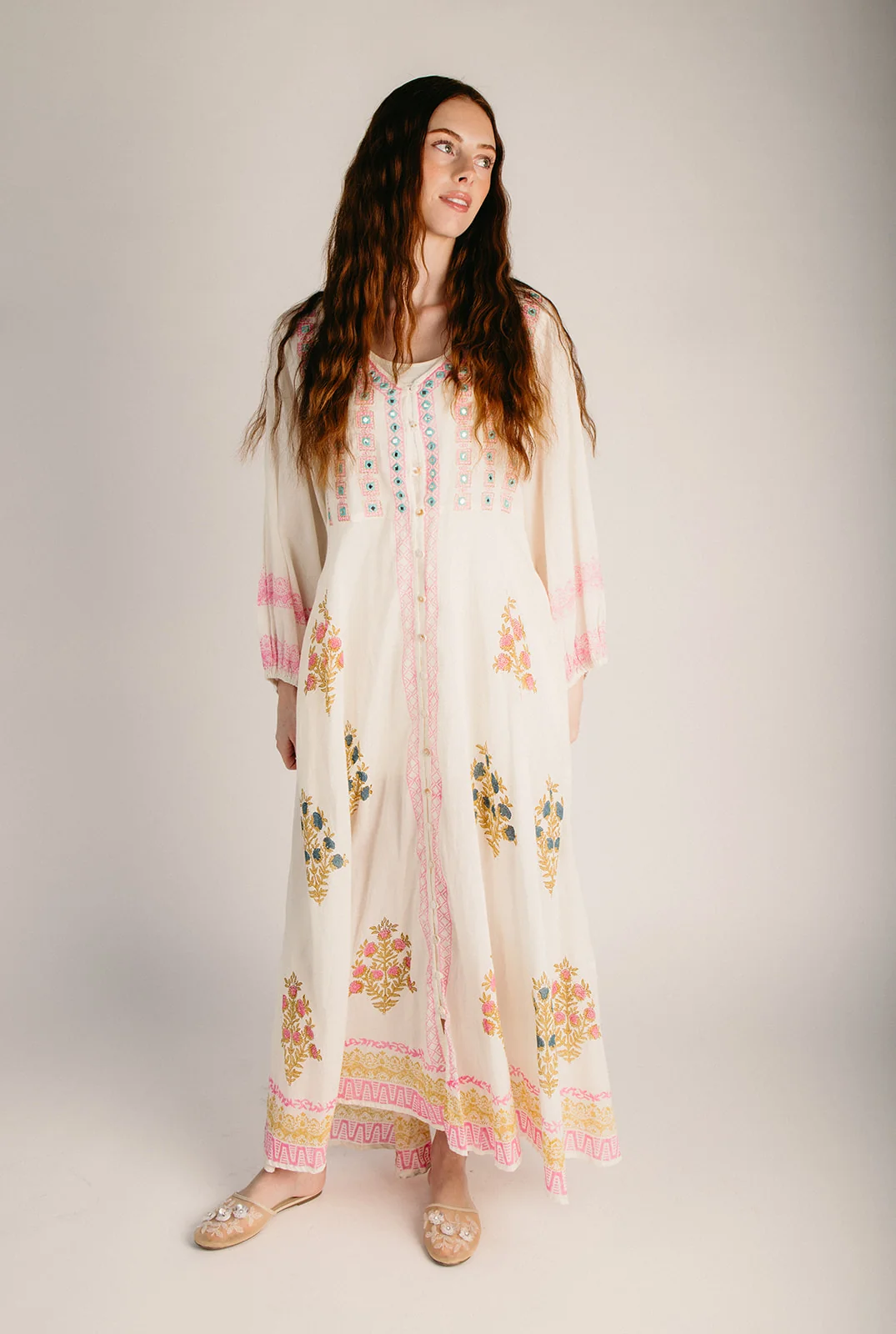 The Spello Button-Up Patterned Maxi Dress in Ivory Multi - Image 2