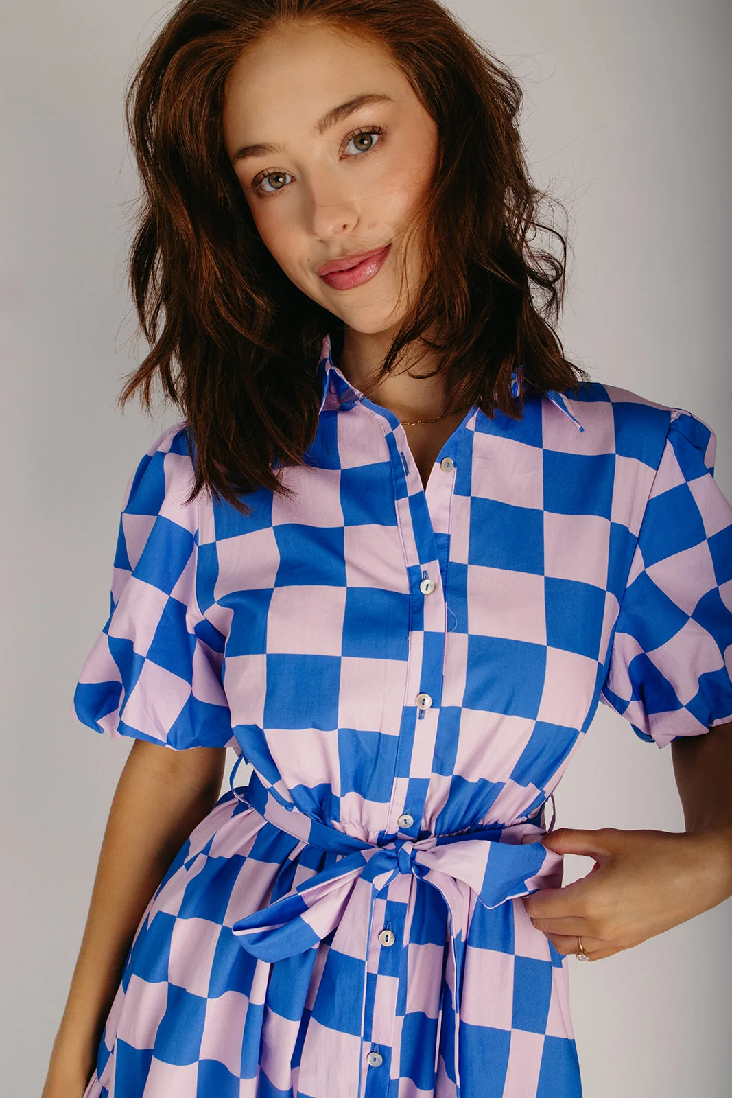 The Robison Puff Sleeve Maxi Dress in Blue + Pink Check - Image 3