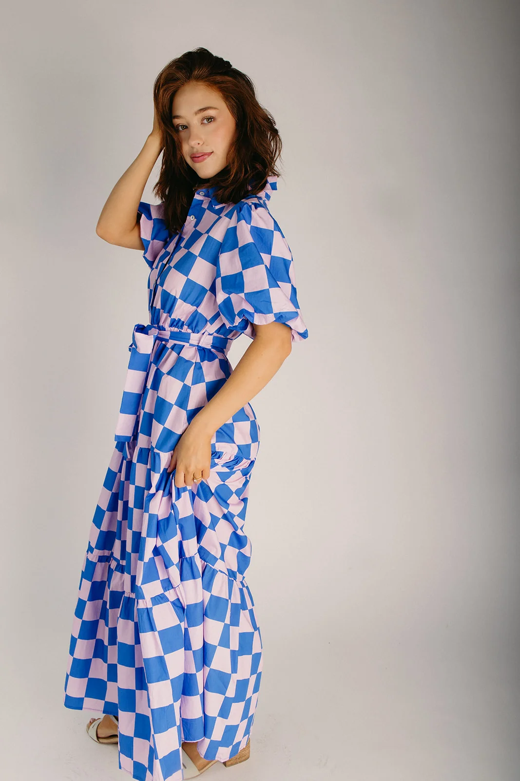 The Robison Puff Sleeve Maxi Dress in Blue + Pink Check - Image 4
