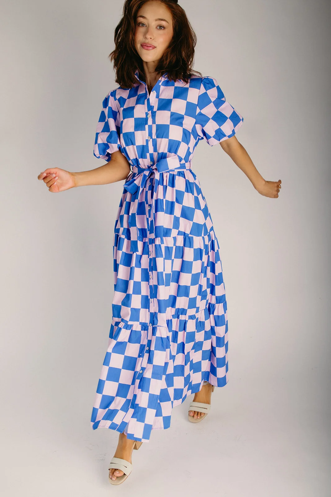 The Robison Puff Sleeve Maxi Dress in Blue + Pink Check - Image 5