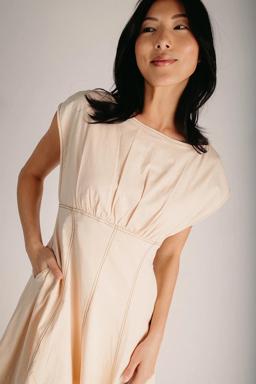 The Rani Stitch Detail Midi Dress in Cream - Image 3