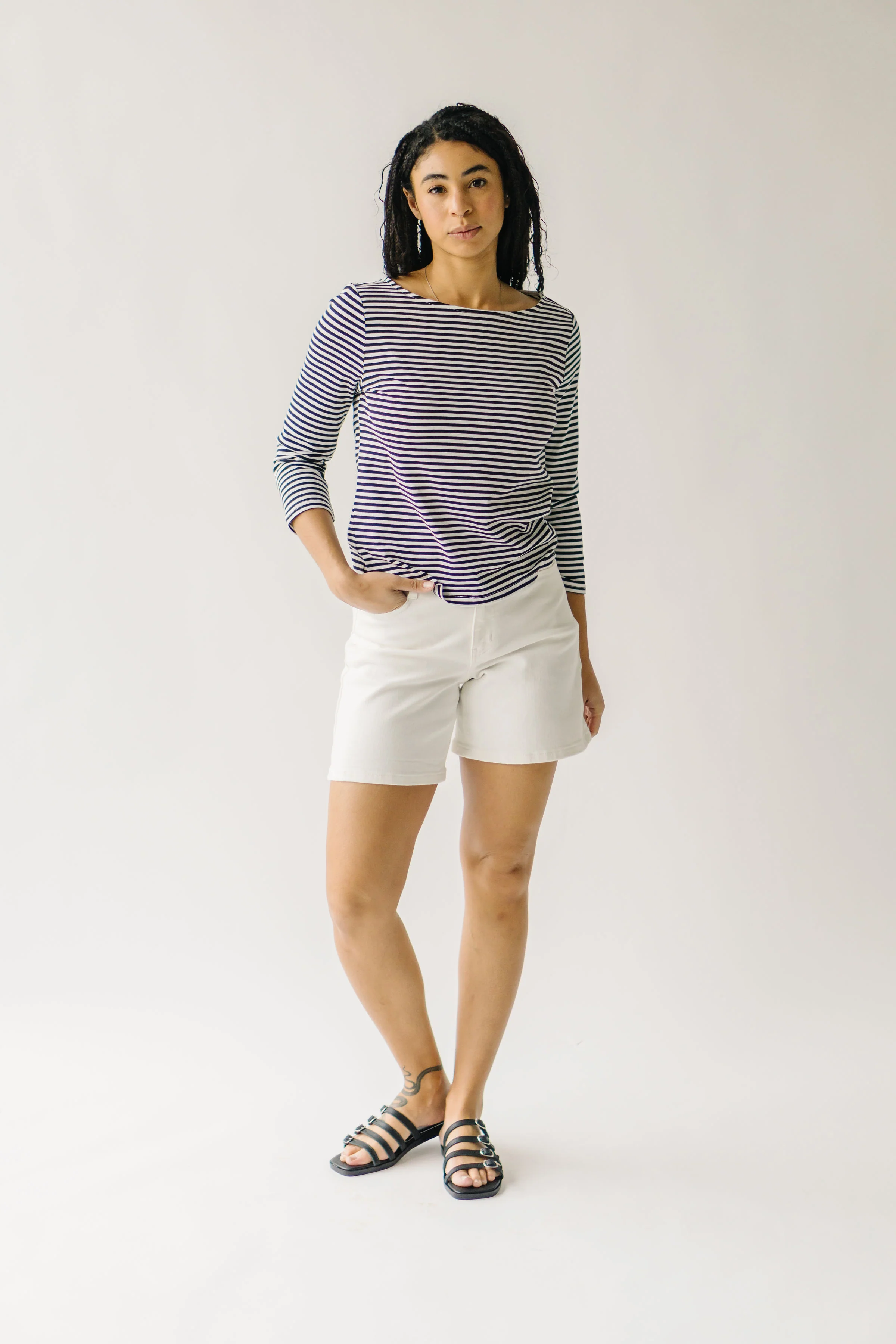 The Takeno Quarter Length Striped Tee in Black + White - Image 3
