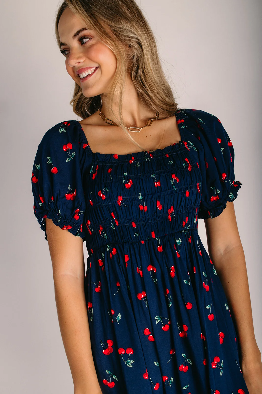 The Tashina Cherry Summer Midi Dress in Midnight - Image 4
