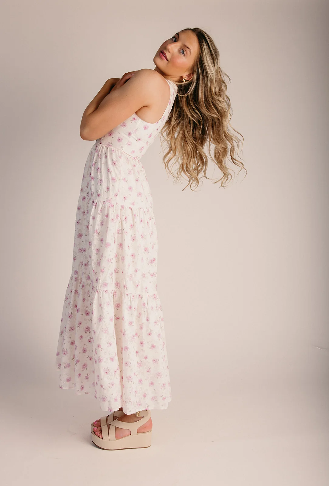 The Tosco Delicate Floral Maxi Dress in Ivory + Purple - Image 3