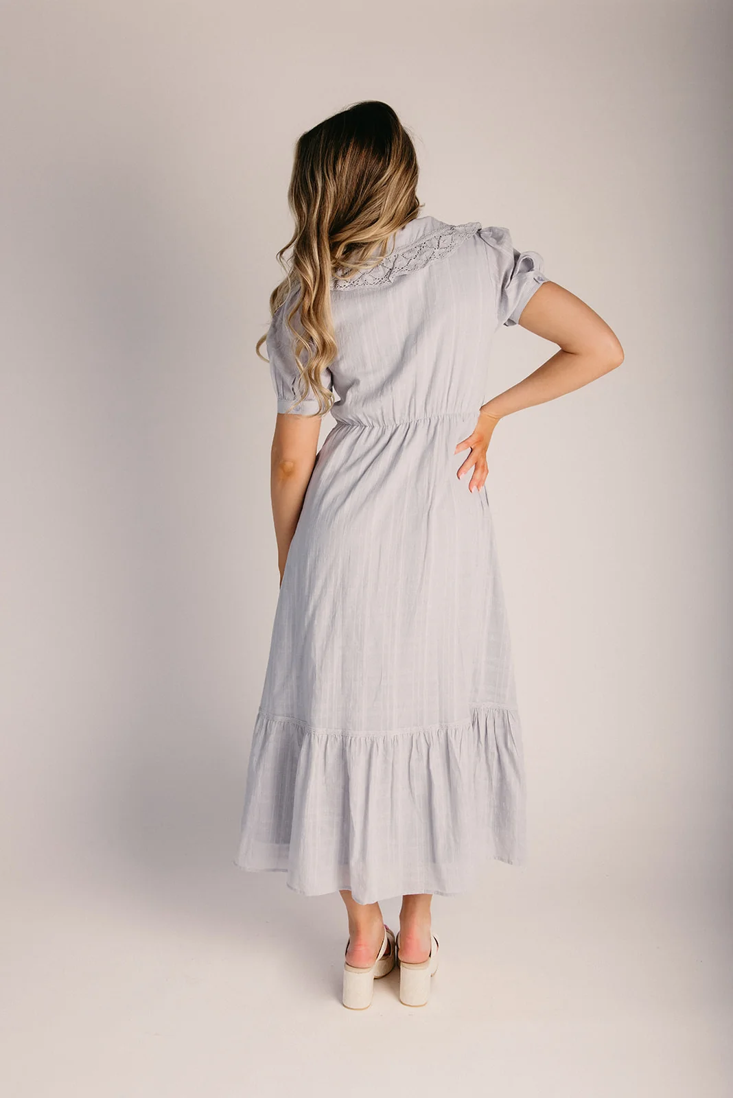 The Vandalia Ruffle Collared Maxi Dress in Misty Blue - Image 2