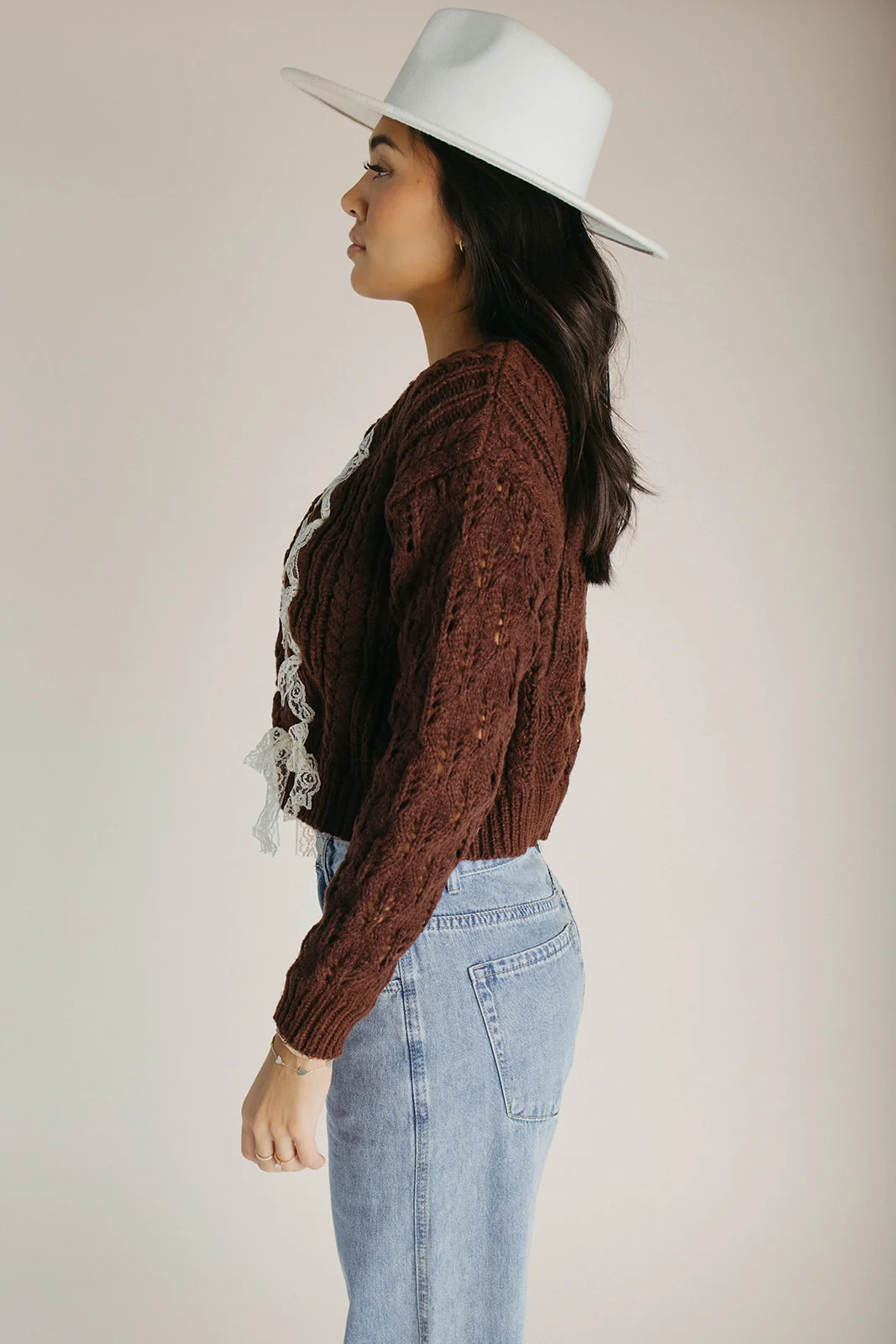 The Vernon Lace Detail Cardigan in Brown - Image 4