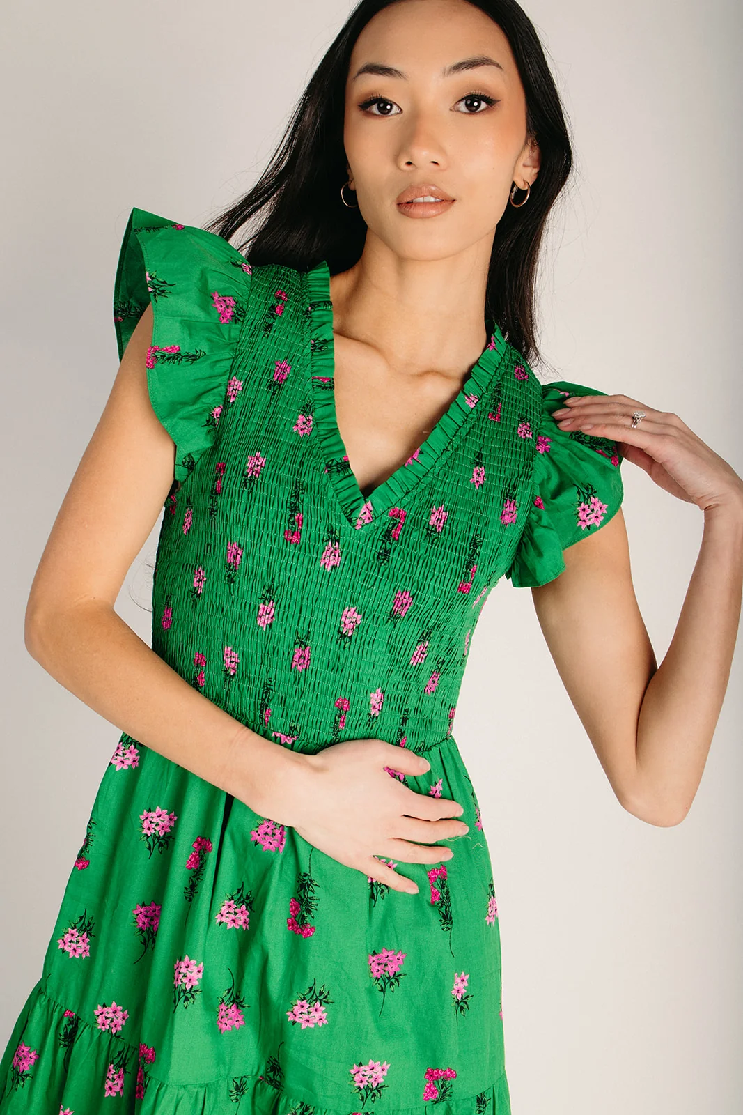 The Vivy Floral Tiered Midi Dress in Kelly Green + Pink - Image 4