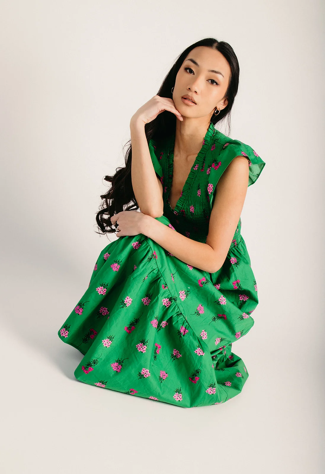 The Vivy Floral Tiered Midi Dress in Kelly Green + Pink - Image 5