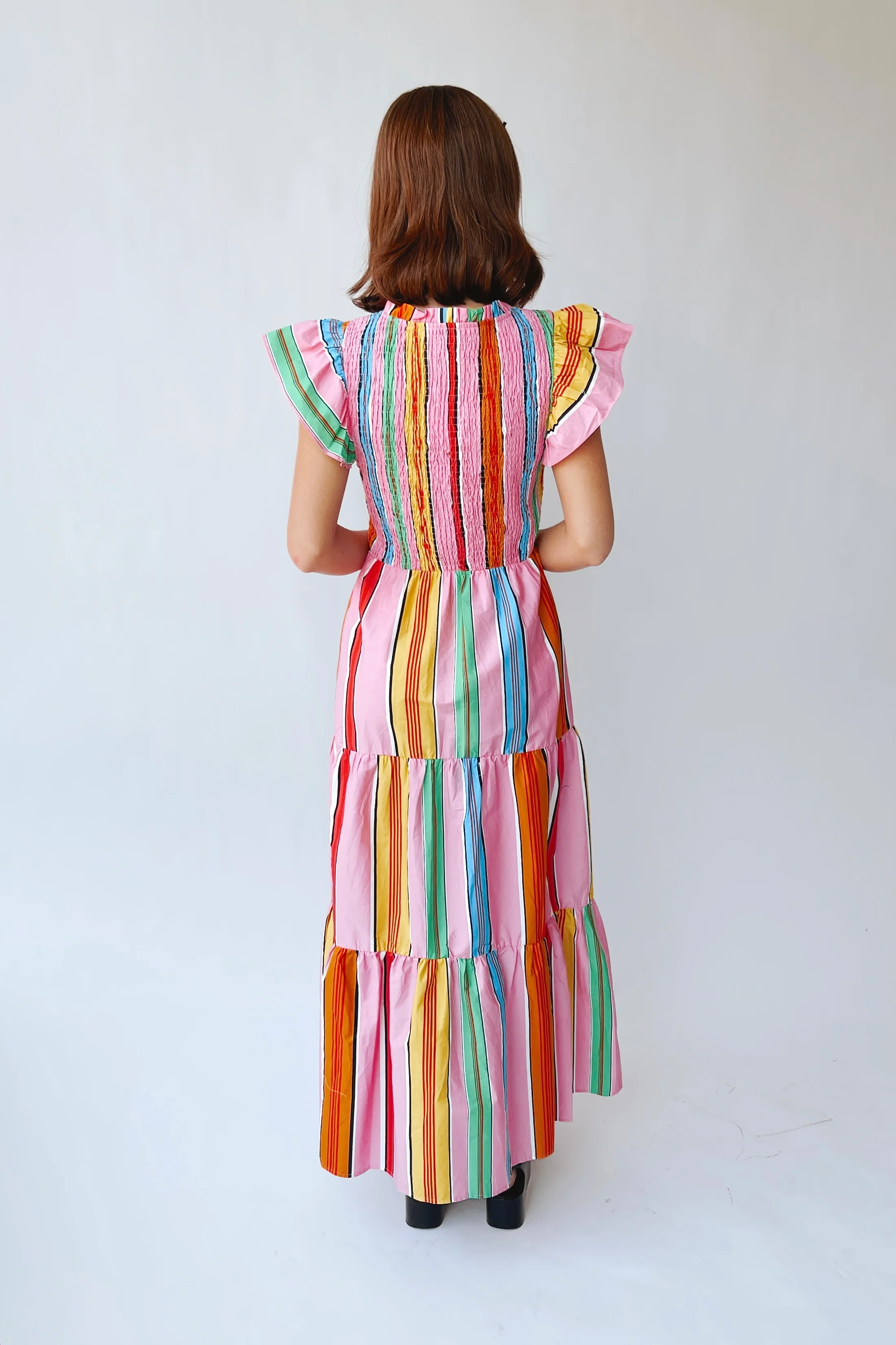 The Viya Tiered Midi Dress in Pink + Multi Stripe - Image 10