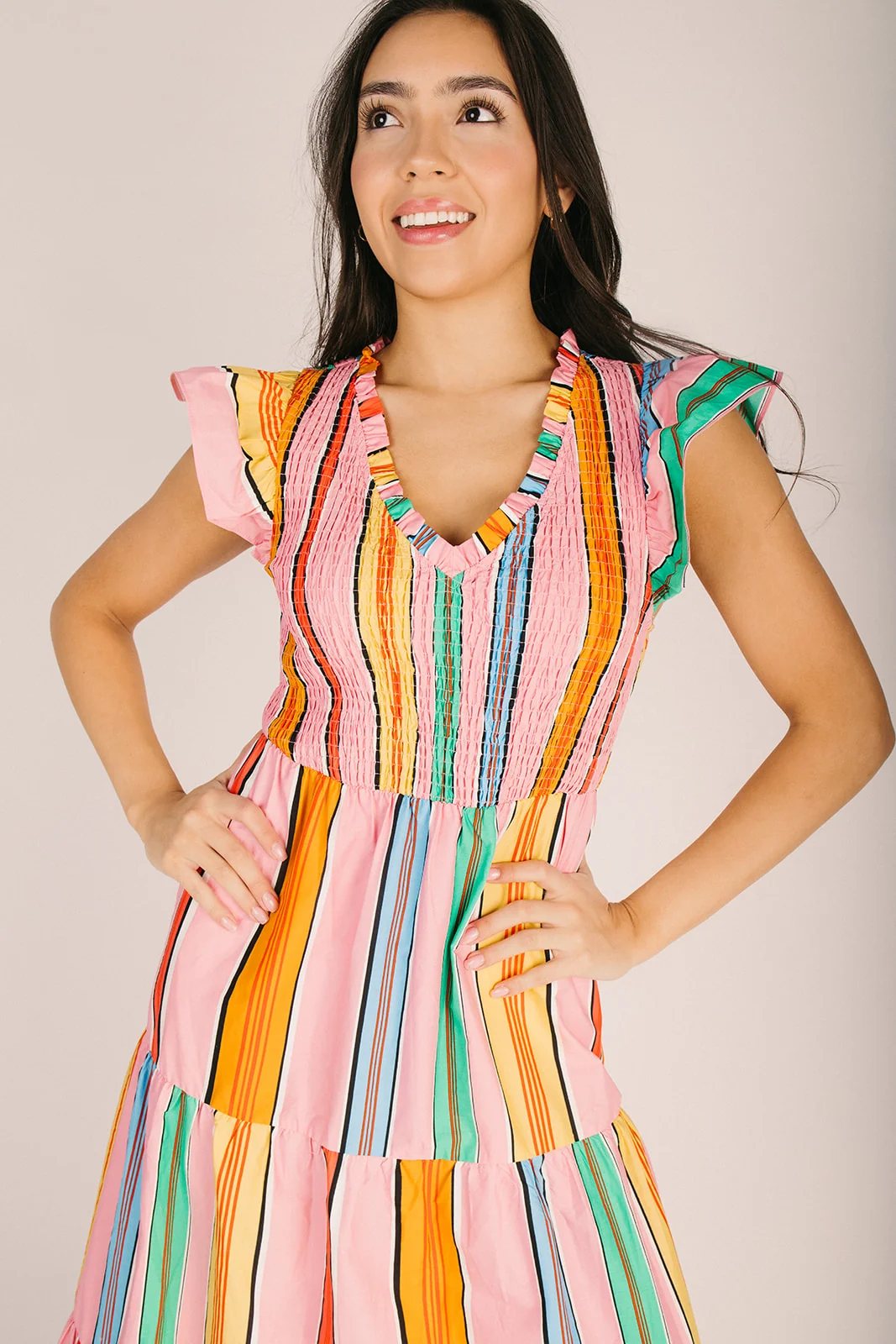 The Viya Tiered Midi Dress in Pink + Multi Stripe - Image 3