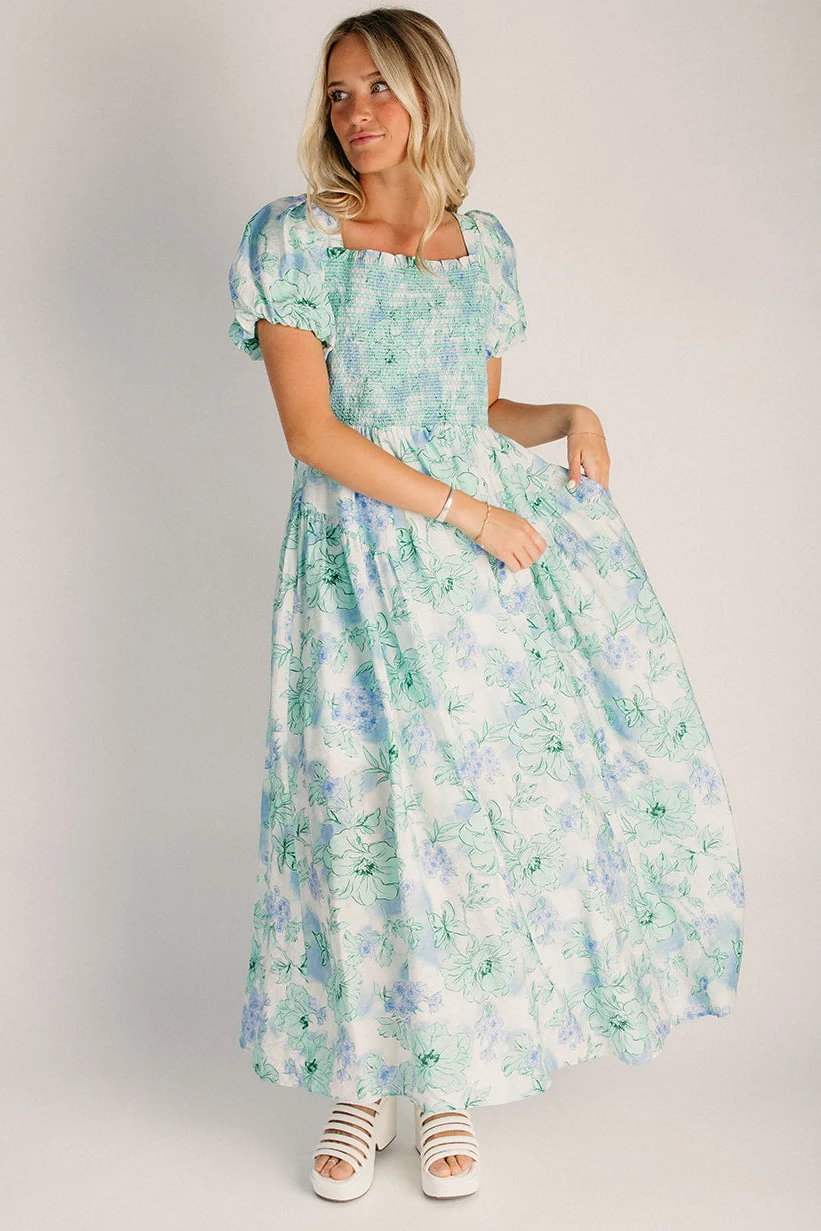 The Vossberg Floral Watercolor Midi Dress in Mint Mix