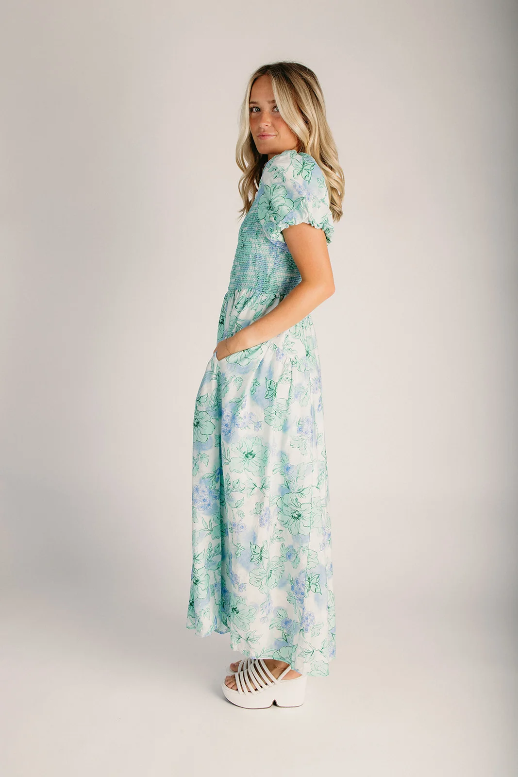 The Vossberg Floral Watercolor Midi Dress in Mint Mix - Image 3