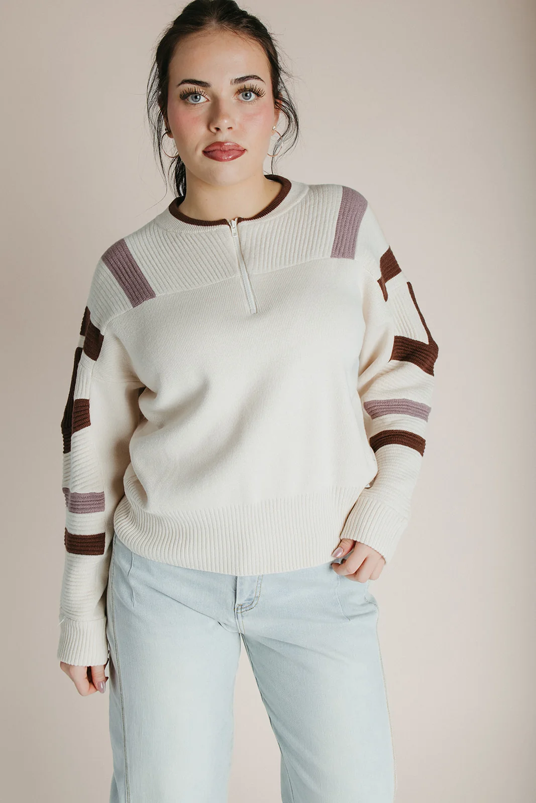 The Waymer Striped Half Zip Sweater in Cream Multi - Image 2