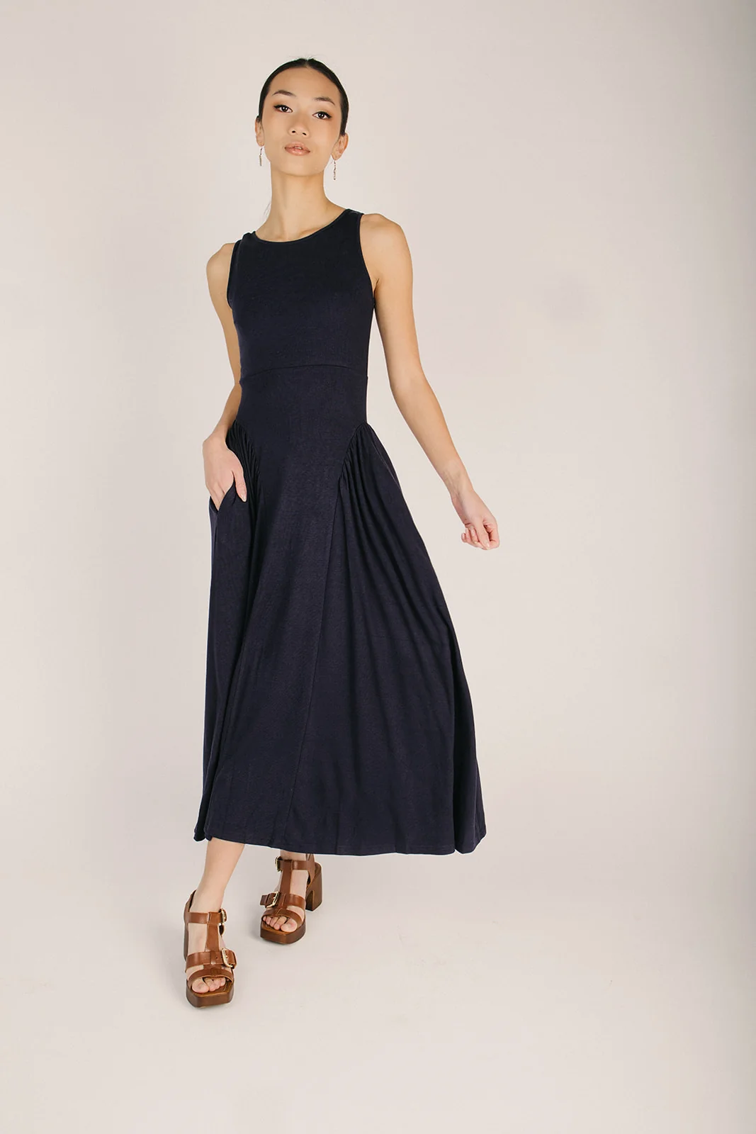 The Webster Ribbed Pleated Maxi Dress in Navy