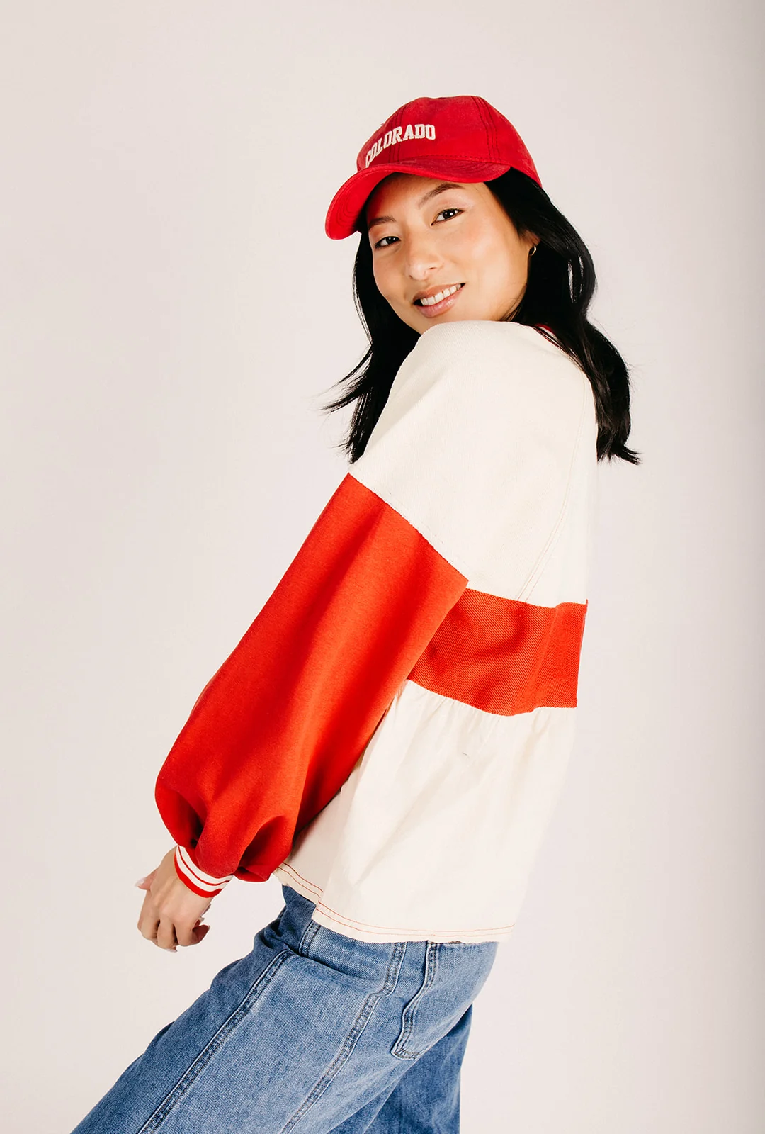 The Wenstrom Colorblock Babydoll Blouse in Cream + Rust - Image 3