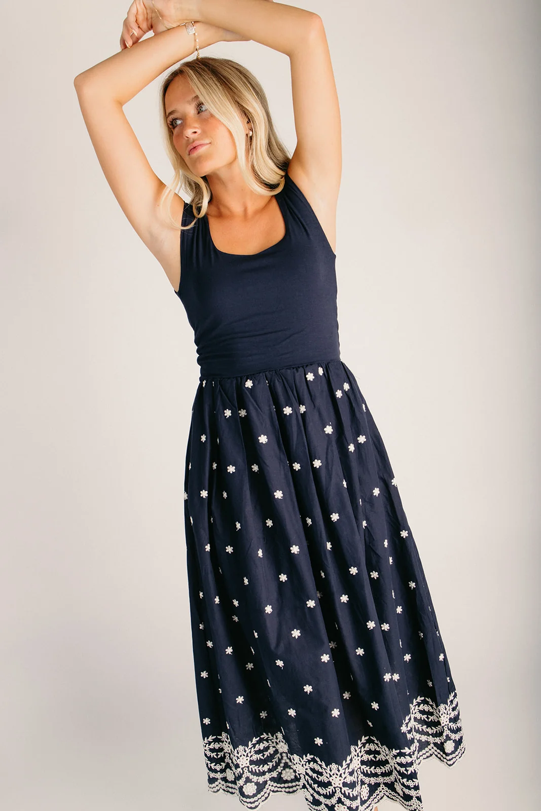 The Wiggins Scoop Neck Embroidered Dress in Navy - Image 5