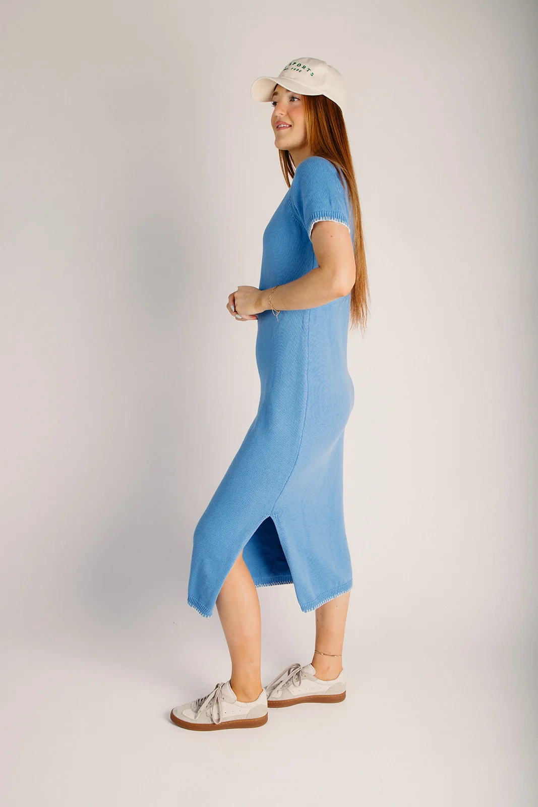 The Wilmer Stitch Detail Midi Sweater Dress in Blue + White - Image 3