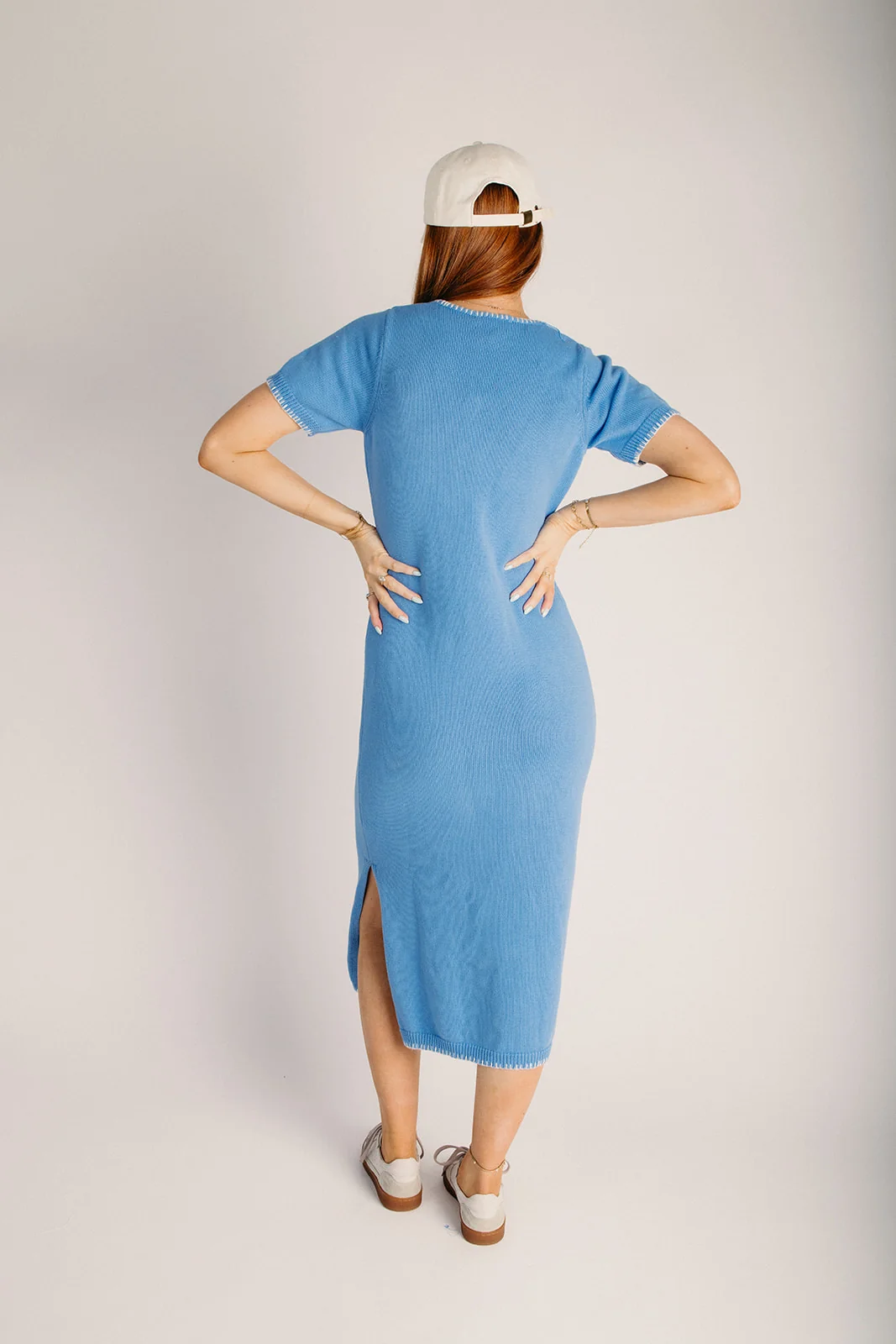 The Wilmer Stitch Detail Midi Sweater Dress in Blue + White - Image 4