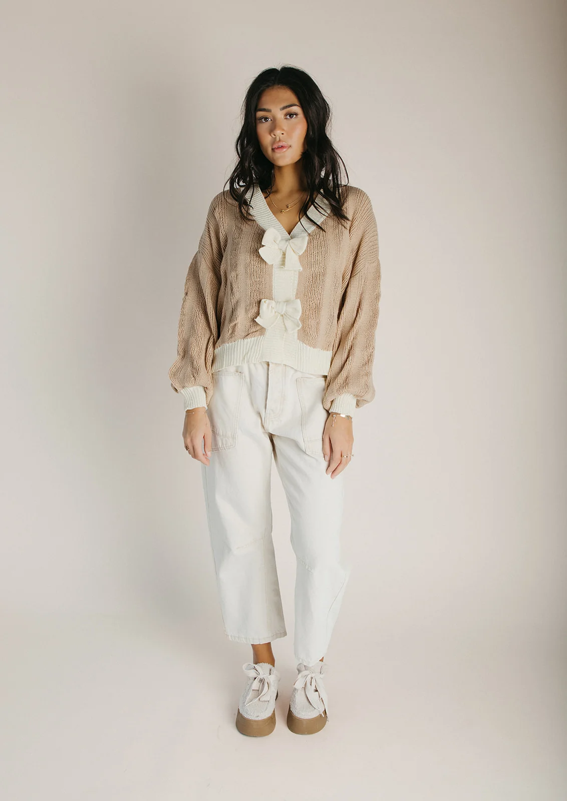 The Winquist Knit Bow Detail Cardigan in Mocha - Image 3