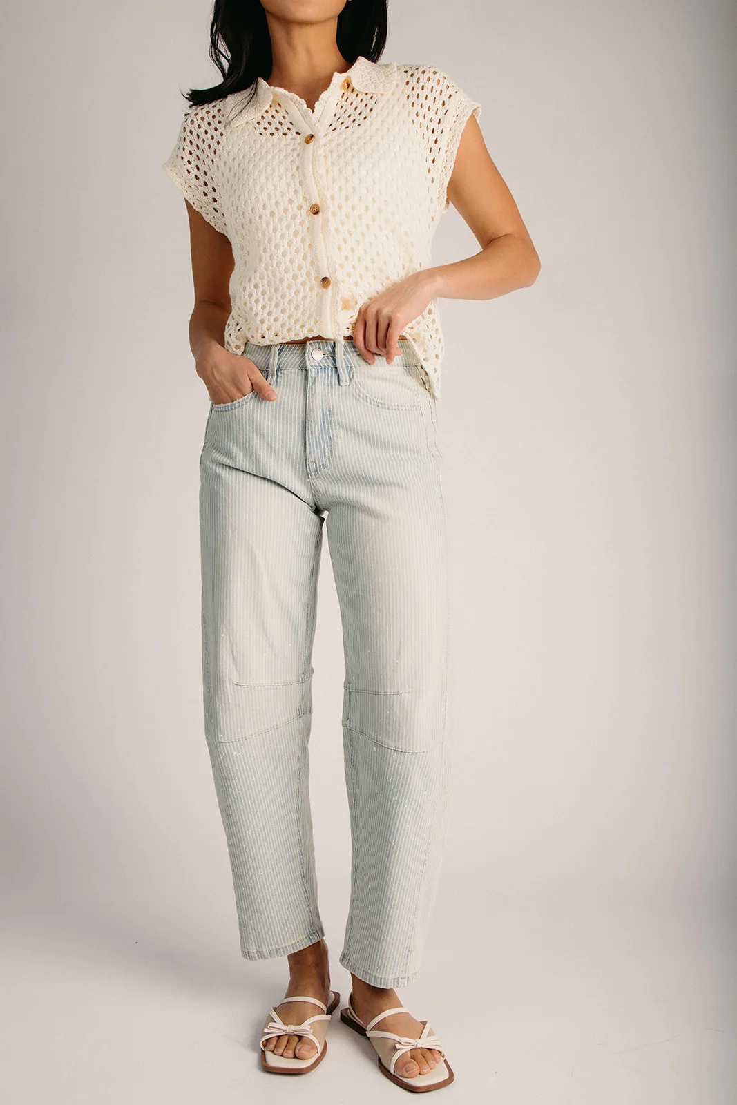 The Witonsky Open Knit Button-Up Blouse in Ivory - Image 5