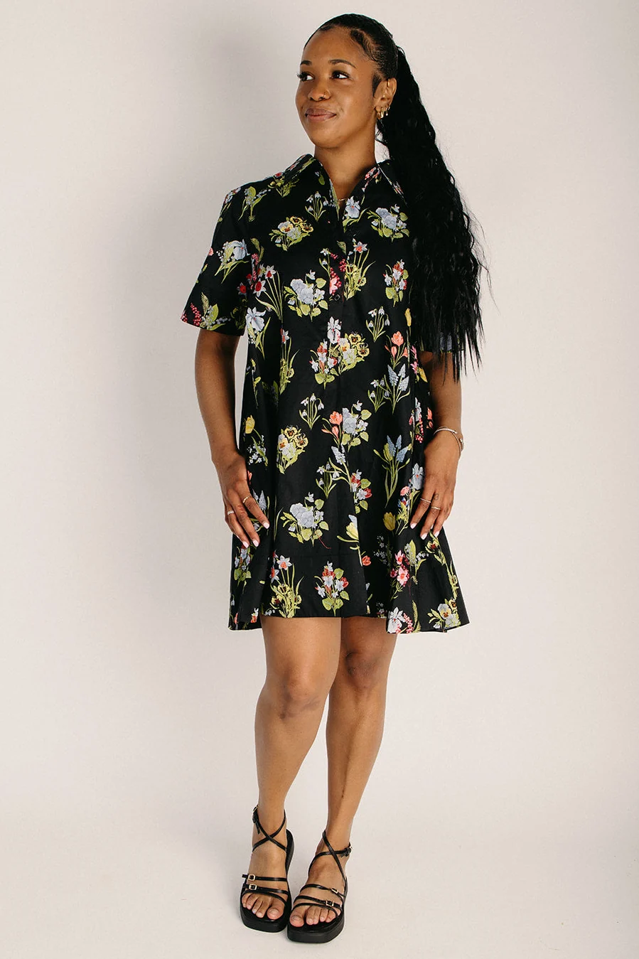 The Yankova Floral Shirt Dress in Black
